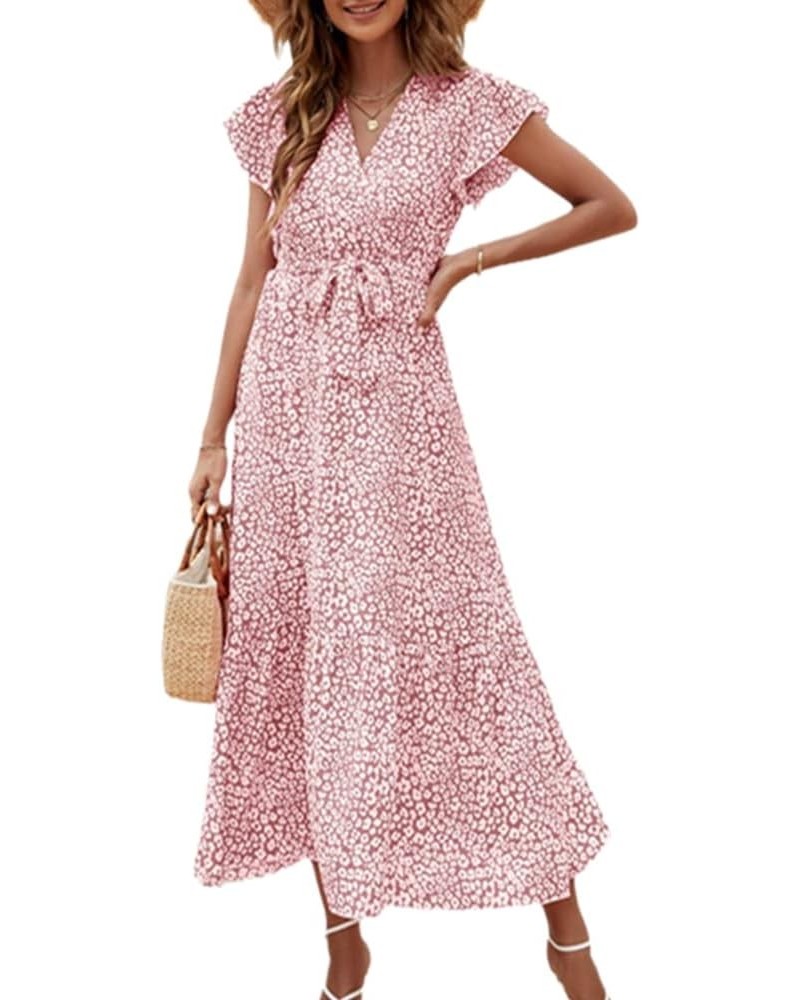 Women's Summer Dress Flowy Chiffon Sleeveless Halter Floral Tied Waist Maxi Dress Flowy Swing Pleated Sundress Z02 Pink $12.1...