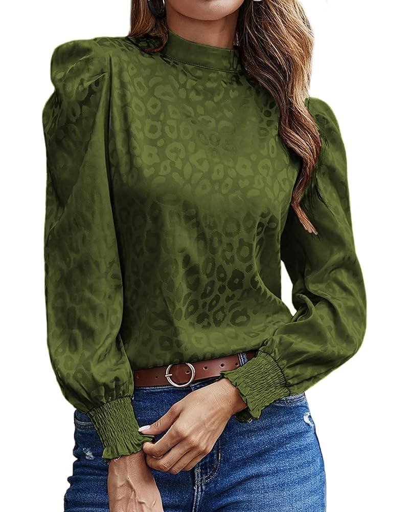 Women's Satin Mock Neck Puff Long Sleeve Keyhole Work Blouse Top Green $16.66 Blouses