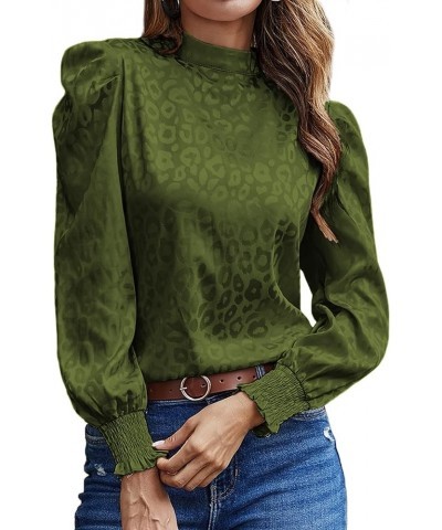 Women's Satin Mock Neck Puff Long Sleeve Keyhole Work Blouse Top Green $16.66 Blouses