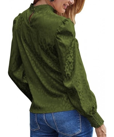 Women's Satin Mock Neck Puff Long Sleeve Keyhole Work Blouse Top Green $16.66 Blouses