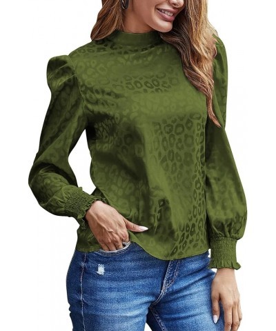 Women's Satin Mock Neck Puff Long Sleeve Keyhole Work Blouse Top Green $16.66 Blouses