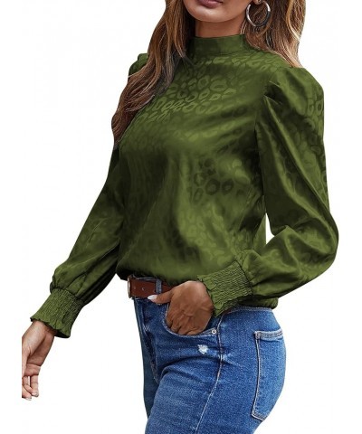 Women's Satin Mock Neck Puff Long Sleeve Keyhole Work Blouse Top Green $16.66 Blouses