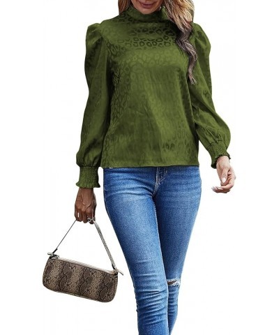 Women's Satin Mock Neck Puff Long Sleeve Keyhole Work Blouse Top Green $16.66 Blouses