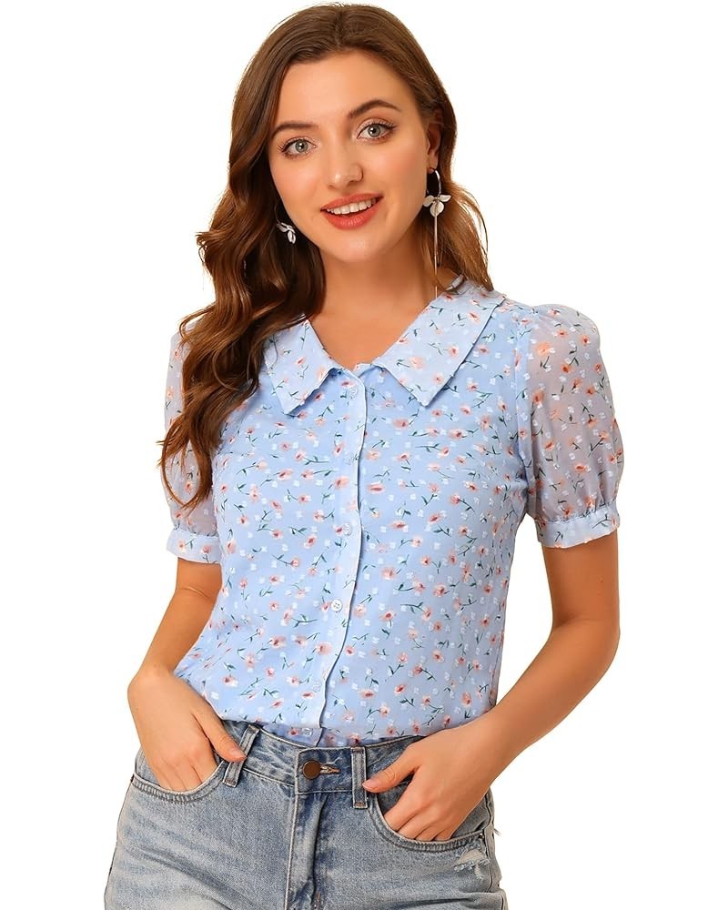 Women's Floral Blouse Swiss Dots Textured Semi Sheer Short Sleeve Collar Shirt Blue $15.10 Blouses