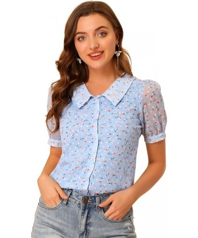 Women's Floral Blouse Swiss Dots Textured Semi Sheer Short Sleeve Collar Shirt Blue $15.10 Blouses