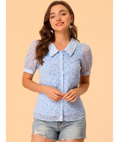 Women's Floral Blouse Swiss Dots Textured Semi Sheer Short Sleeve Collar Shirt Blue $15.10 Blouses