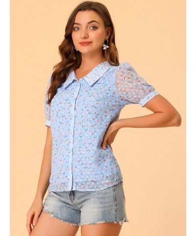 Women's Floral Blouse Swiss Dots Textured Semi Sheer Short Sleeve Collar Shirt Blue $15.10 Blouses