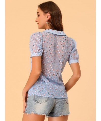 Women's Floral Blouse Swiss Dots Textured Semi Sheer Short Sleeve Collar Shirt Blue $15.10 Blouses