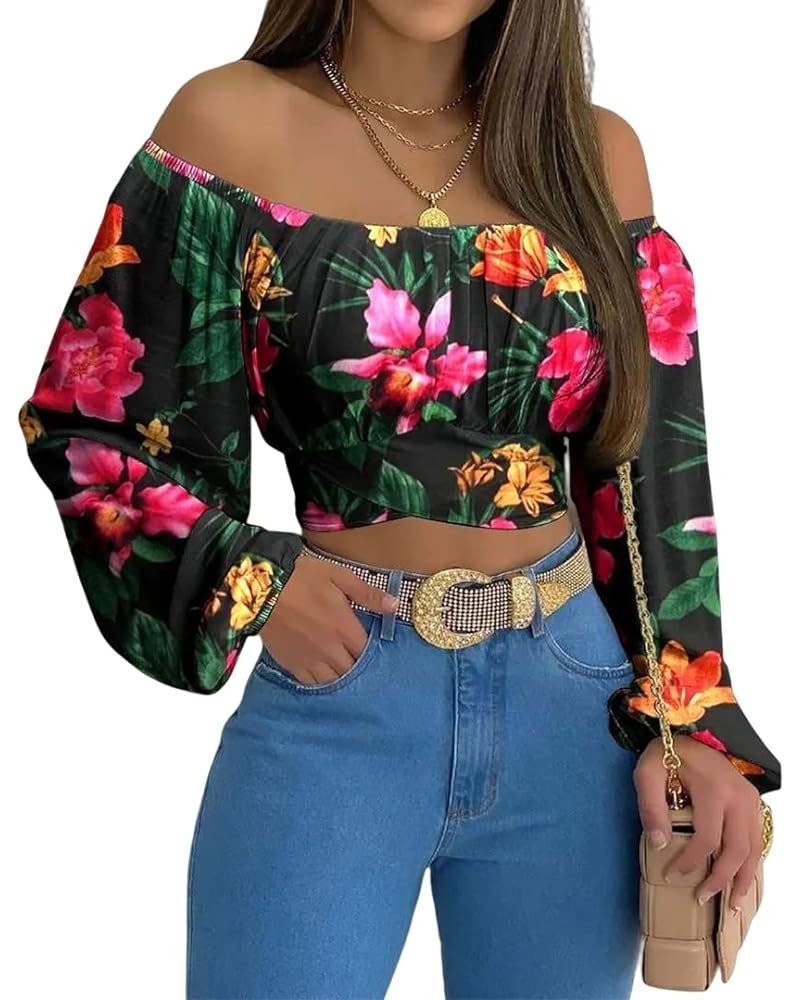 Woman Off Shoulder Ruched Tie Back Crop Top Summer Lantern Sleeve Boho Shirt Blouse Tropical Print $21.23 Blouses