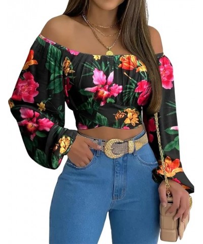 Woman Off Shoulder Ruched Tie Back Crop Top Summer Lantern Sleeve Boho Shirt Blouse Tropical Print $21.23 Blouses