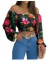 Woman Off Shoulder Ruched Tie Back Crop Top Summer Lantern Sleeve Boho Shirt Blouse Tropical Print $21.23 Blouses