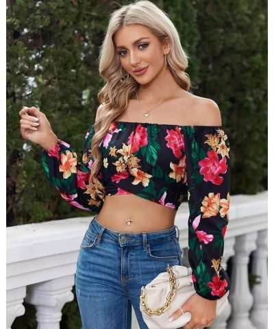 Woman Off Shoulder Ruched Tie Back Crop Top Summer Lantern Sleeve Boho Shirt Blouse Tropical Print $21.23 Blouses