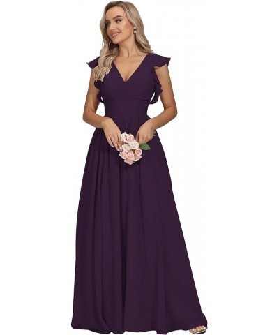 V Neck Bridesmaid Dresses for Women Long Pleats Chiffon Ruffles Sleeve Formal Evening Wedding Guest Dresses Plum $35.50 Dresses