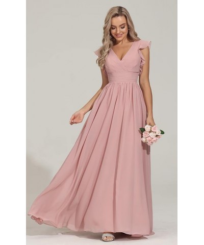 V Neck Bridesmaid Dresses for Women Long Pleats Chiffon Ruffles Sleeve Formal Evening Wedding Guest Dresses Plum $35.50 Dresses