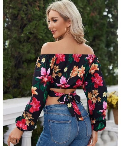 Woman Off Shoulder Ruched Tie Back Crop Top Summer Lantern Sleeve Boho Shirt Blouse Tropical Print $21.23 Blouses