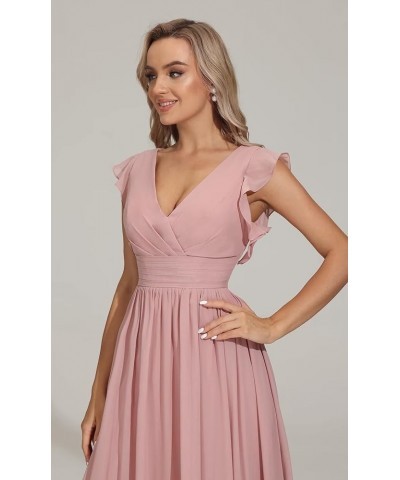 V Neck Bridesmaid Dresses for Women Long Pleats Chiffon Ruffles Sleeve Formal Evening Wedding Guest Dresses Plum $35.50 Dresses