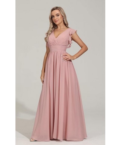 V Neck Bridesmaid Dresses for Women Long Pleats Chiffon Ruffles Sleeve Formal Evening Wedding Guest Dresses Plum $35.50 Dresses