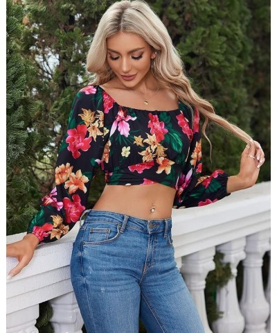 Woman Off Shoulder Ruched Tie Back Crop Top Summer Lantern Sleeve Boho Shirt Blouse Tropical Print $21.23 Blouses