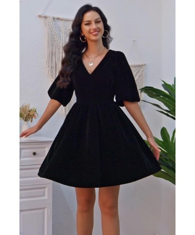 Velvet Dress for Women V Neck Short Puff Sleeves Party Mini Dresses for Wedding Guest Homecoming Cocktail Festival Black $21....