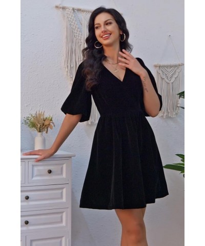 Velvet Dress for Women V Neck Short Puff Sleeves Party Mini Dresses for Wedding Guest Homecoming Cocktail Festival Black $21....