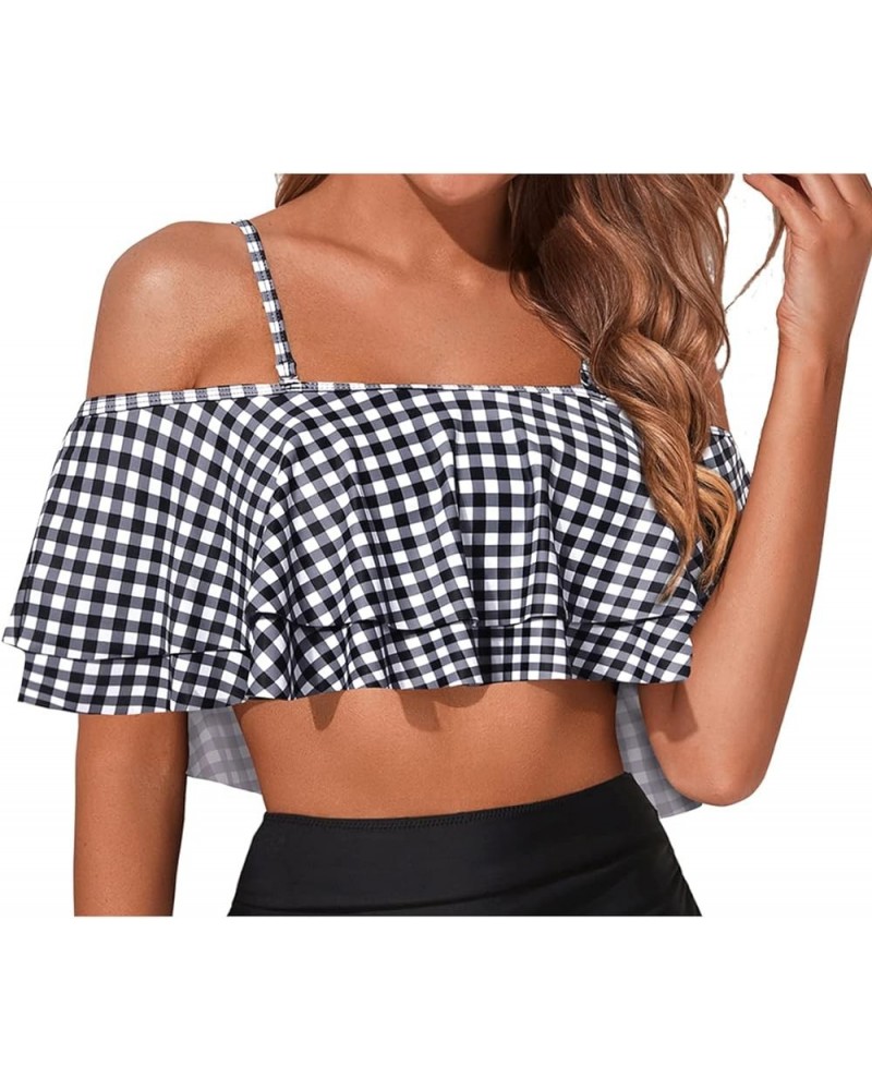 Ruffle Bikini Top Off Shoulder Swim Top Flounce Swimsuit Top for Women Checkered Pattern $13.86 Swimsuits