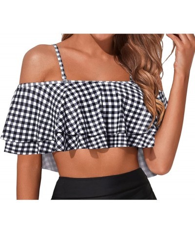 Ruffle Bikini Top Off Shoulder Swim Top Flounce Swimsuit Top for Women Checkered Pattern $13.86 Swimsuits