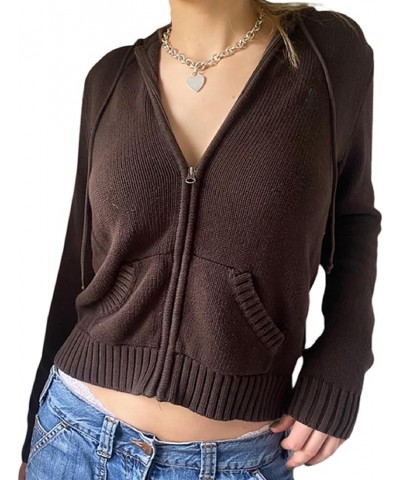 Women Knitted Zip Up Crop Hoodies Ribbed Knit Long Sleeve Hoodie Jacket Y2k Drawstring Knit Sweatshirt Bb Pocket Brown $13.45...