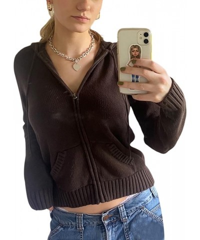 Women Knitted Zip Up Crop Hoodies Ribbed Knit Long Sleeve Hoodie Jacket Y2k Drawstring Knit Sweatshirt Bb Pocket Brown $13.45...