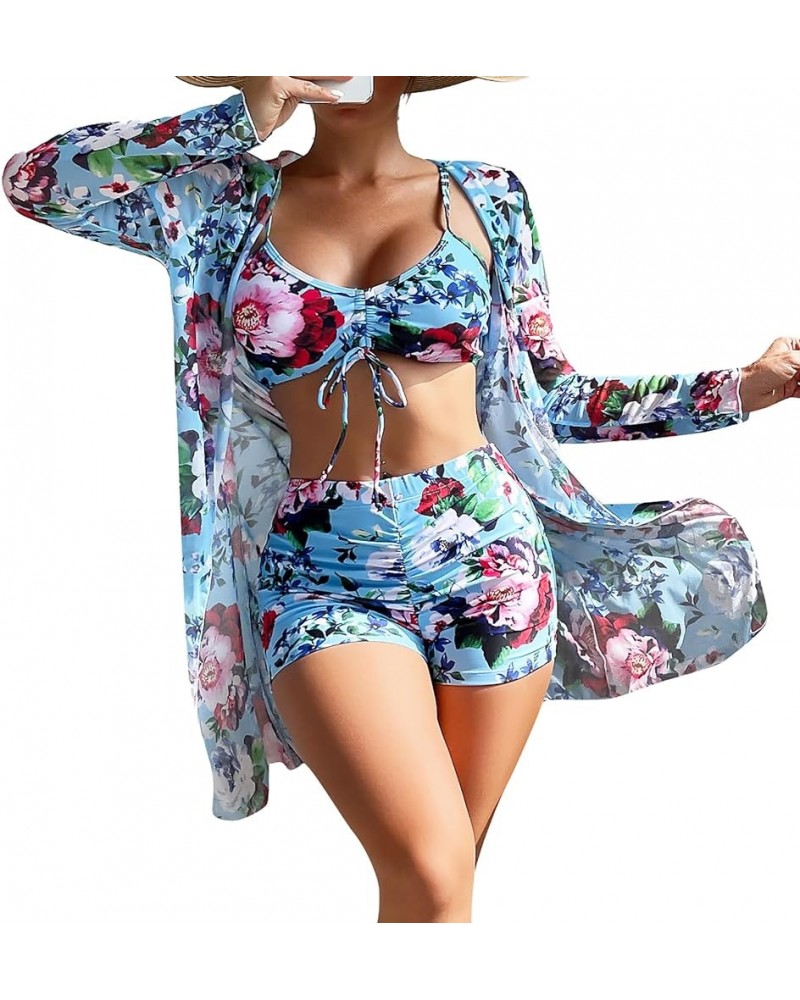 Women's 3 Pcs Swimsuit Printed Ruched Long Sleeve Robe Bikini Shorts Swimwear Blue $22.95 Swimsuits