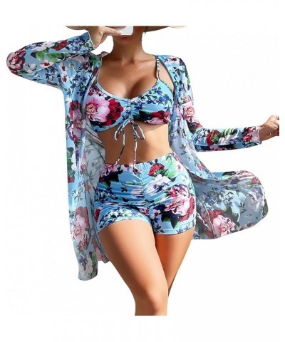 Women's 3 Pcs Swimsuit Printed Ruched Long Sleeve Robe Bikini Shorts Swimwear Blue $22.95 Swimsuits