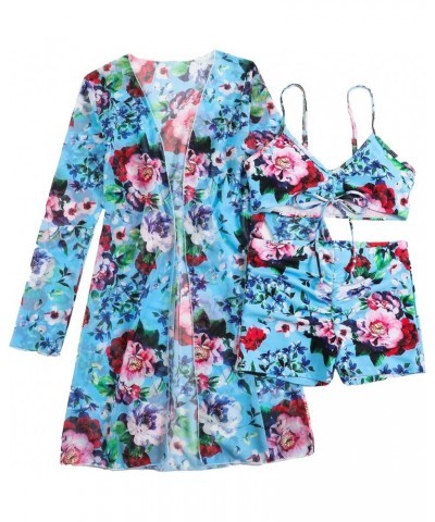 Women's 3 Pcs Swimsuit Printed Ruched Long Sleeve Robe Bikini Shorts Swimwear Blue $22.95 Swimsuits