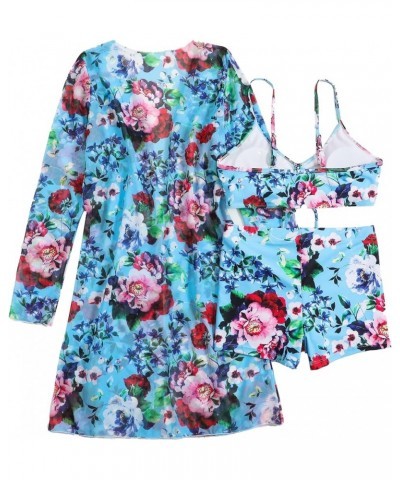 Women's 3 Pcs Swimsuit Printed Ruched Long Sleeve Robe Bikini Shorts Swimwear Blue $22.95 Swimsuits