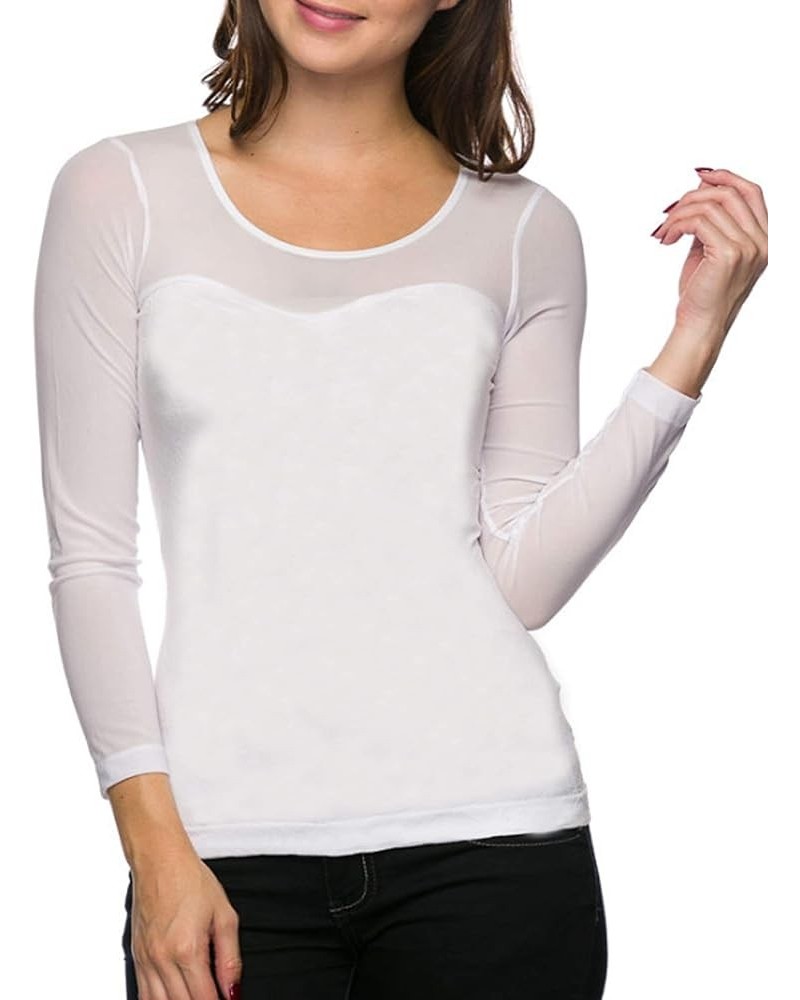 Women Seamless Sheer Long Sleeve Mesh Top Sweetheart Neckline Blouse Tops Shirt White $7.98 Blouses