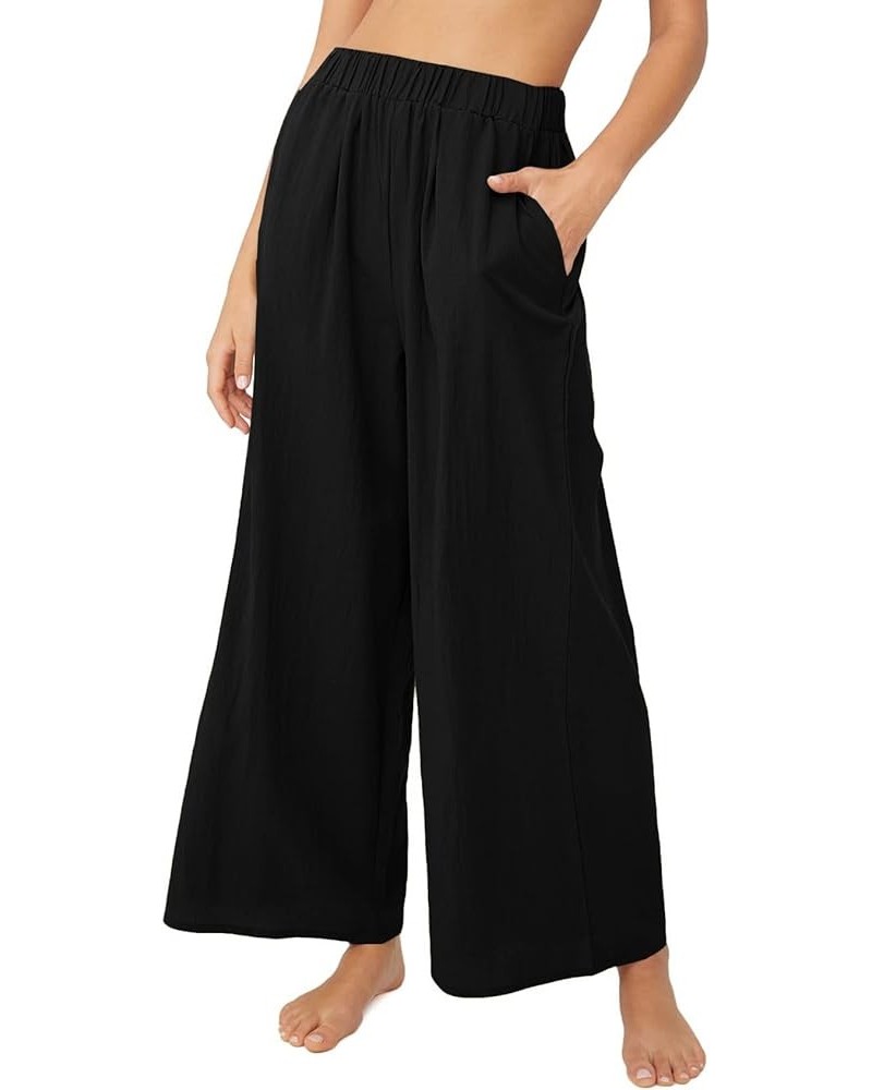 Women's Casual Elastic High Waist Wide Leg Long Pants Trousers with Pockets Black $8.24 Pants