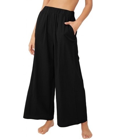 Women's Casual Elastic High Waist Wide Leg Long Pants Trousers with Pockets Black $8.24 Pants