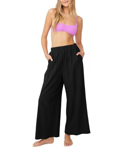 Women's Casual Elastic High Waist Wide Leg Long Pants Trousers with Pockets Black $8.24 Pants