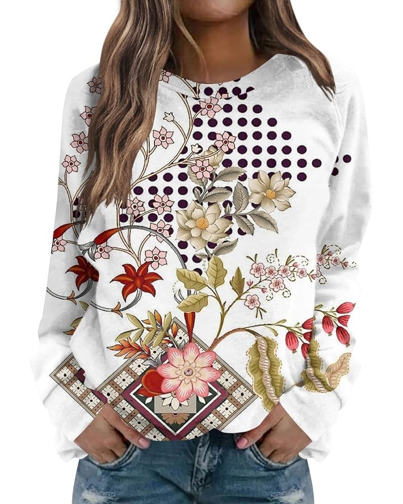 Cute Tops For Women Dressy Casual Winter Shirts Long Sleeve Blouses Floral Print Ladies Sweatshirts Crewneck Clothes Ae779-wh...