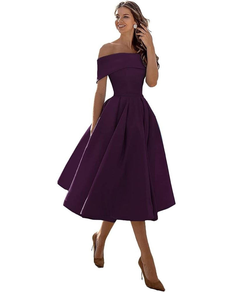 Women's Off The Shoulder Short A-line Homecoming Dress Satin Bridesmaid Prom Gown with Pockets Grape $39.87 Dresses