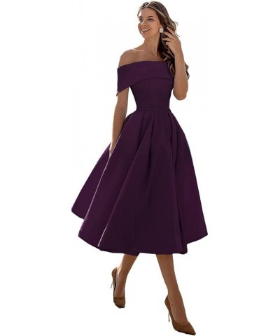 Women's Off The Shoulder Short A-line Homecoming Dress Satin Bridesmaid Prom Gown with Pockets Grape $39.87 Dresses