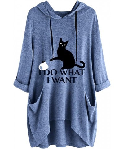 I Do What I Want Cat Graphic Hoodies for Women Irregular Hem 3/4 Sleeve Cat Ear Hooded Tunic Tops with Pockets Blue $15.92 Ho...