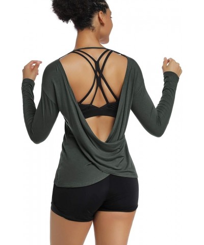 Women's Long Sleeve Workout Shirts Backless Yoga Shirts Cross Back Open Shirt Darkgray $12.17 Activewear