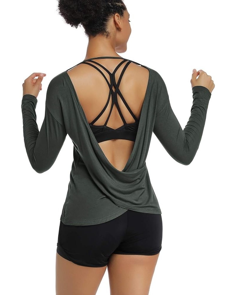 Women's Long Sleeve Workout Shirts Backless Yoga Shirts Cross Back Open Shirt Darkgray $12.17 Activewear