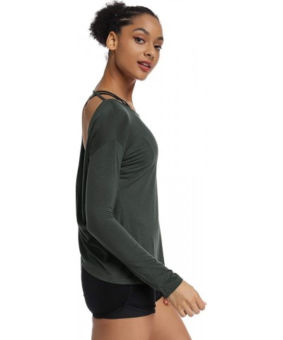 Women's Long Sleeve Workout Shirts Backless Yoga Shirts Cross Back Open Shirt Darkgray $12.17 Activewear