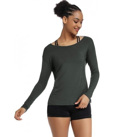 Women's Long Sleeve Workout Shirts Backless Yoga Shirts Cross Back Open Shirt Darkgray $12.17 Activewear