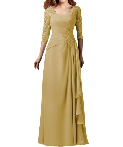 Lace Appliques Mother of The Bride Dresses for Wedding V-Neck Half Sleeve Long Chiffon Formal Party Gown Gold $37.18 Dresses