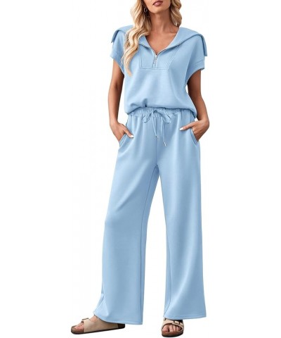 Women 2 Piece Outfits Sweatsuit Set Half Zip Lapel Collar Short Sleeve Sweatshirt Wide Leg Sweatpant Tracksuit Sets Blue $27....