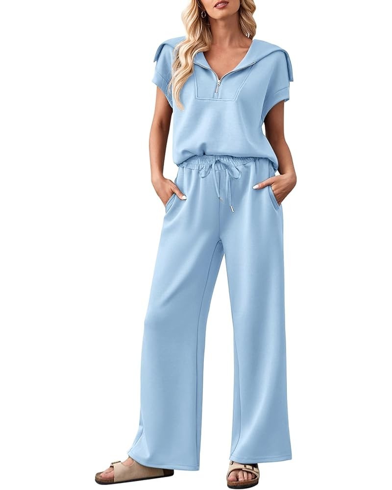 Women 2 Piece Outfits Sweatsuit Set Half Zip Lapel Collar Short Sleeve Sweatshirt Wide Leg Sweatpant Tracksuit Sets Blue $27....