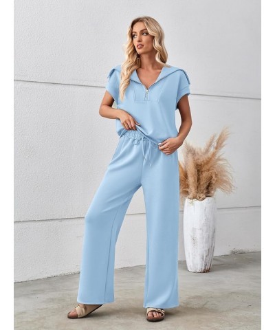 Women 2 Piece Outfits Sweatsuit Set Half Zip Lapel Collar Short Sleeve Sweatshirt Wide Leg Sweatpant Tracksuit Sets Blue $27....