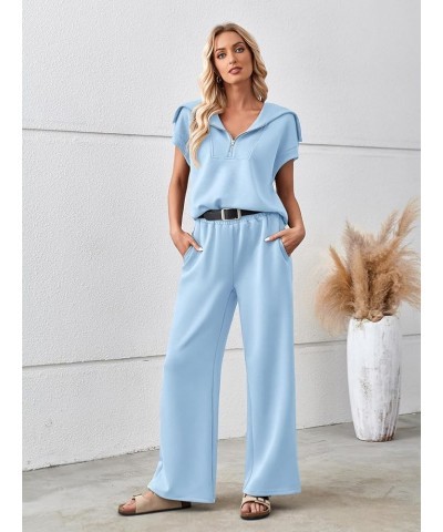 Women 2 Piece Outfits Sweatsuit Set Half Zip Lapel Collar Short Sleeve Sweatshirt Wide Leg Sweatpant Tracksuit Sets Blue $27....