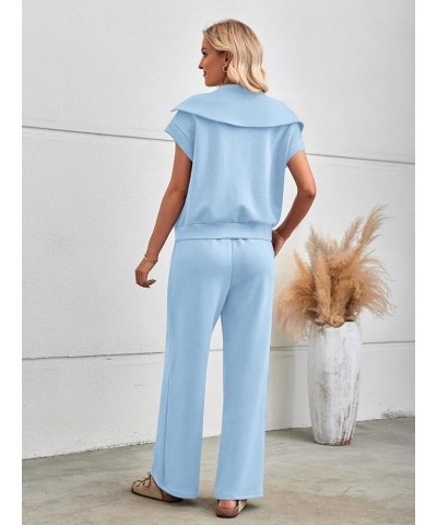 Women 2 Piece Outfits Sweatsuit Set Half Zip Lapel Collar Short Sleeve Sweatshirt Wide Leg Sweatpant Tracksuit Sets Blue $27....